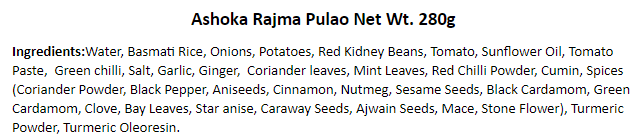 Ashoka Rajma Pulao (Vegan) (Ready-to-Eat) - Ingredients