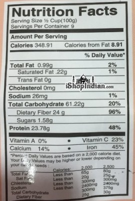 Jiva Organics Rajma Chitra - Speckled Kidney Beans - 2 lbs - Nutritional Facts