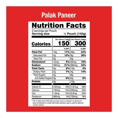 MTR Palak Paneer (Ready-to-Eat) - Nutrition Facts