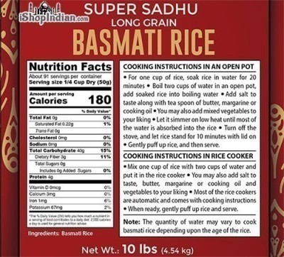 Super Sadhu Extra Long Basmati Rice- 10 lbs. Cooking